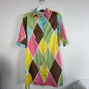Vintage Milly Of New York Multicolor Argyle Button-Up Shirt Dress Sz 8 Tie-Waist